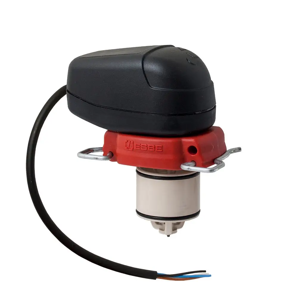Ersatzmotor von ESBE mit schwarzem Gehäuse und rotem Halter. Angebracht sind Kabel zur elektrischen Verbindung. Geeignet für spezifische Frischwasserstationen.